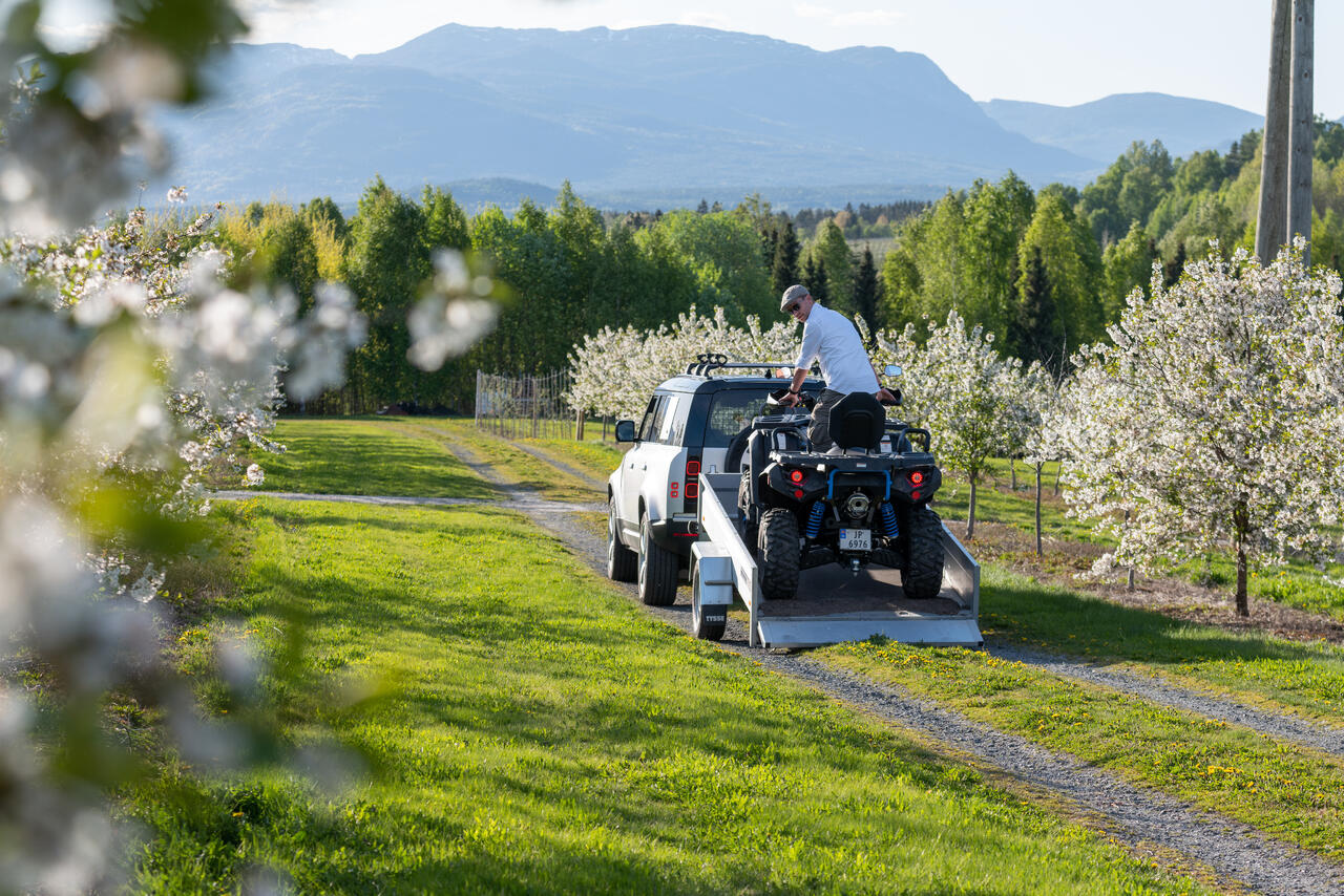 ATV på Tysse tilhenger i frukthage